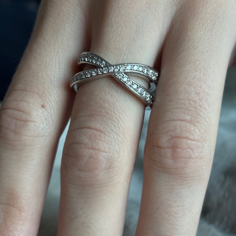 Sterling Silver CZ Crossover Criss Cross X Ring Size 9.5